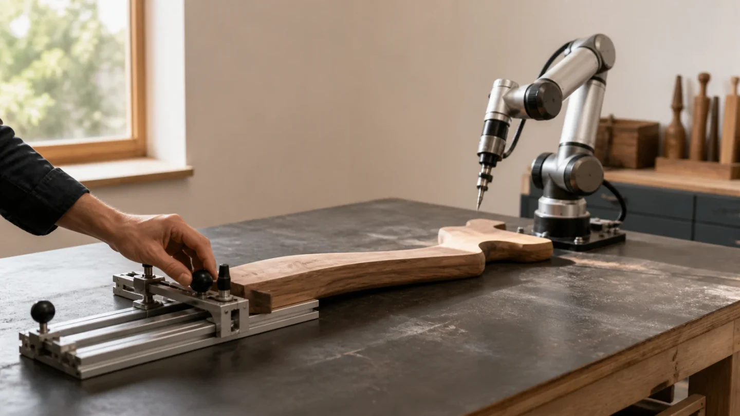 A hand selects a fixed rail jig for predictable work while an articulated tool waits for the variable step.