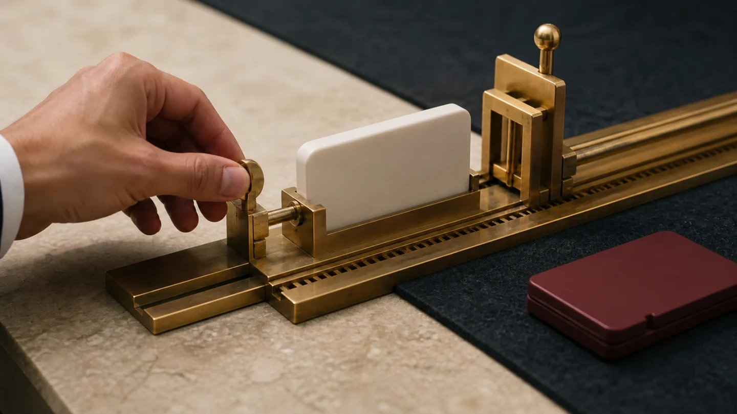 A hand authorizes one sealed cartridge on an execution rail while another remains outside the gate.