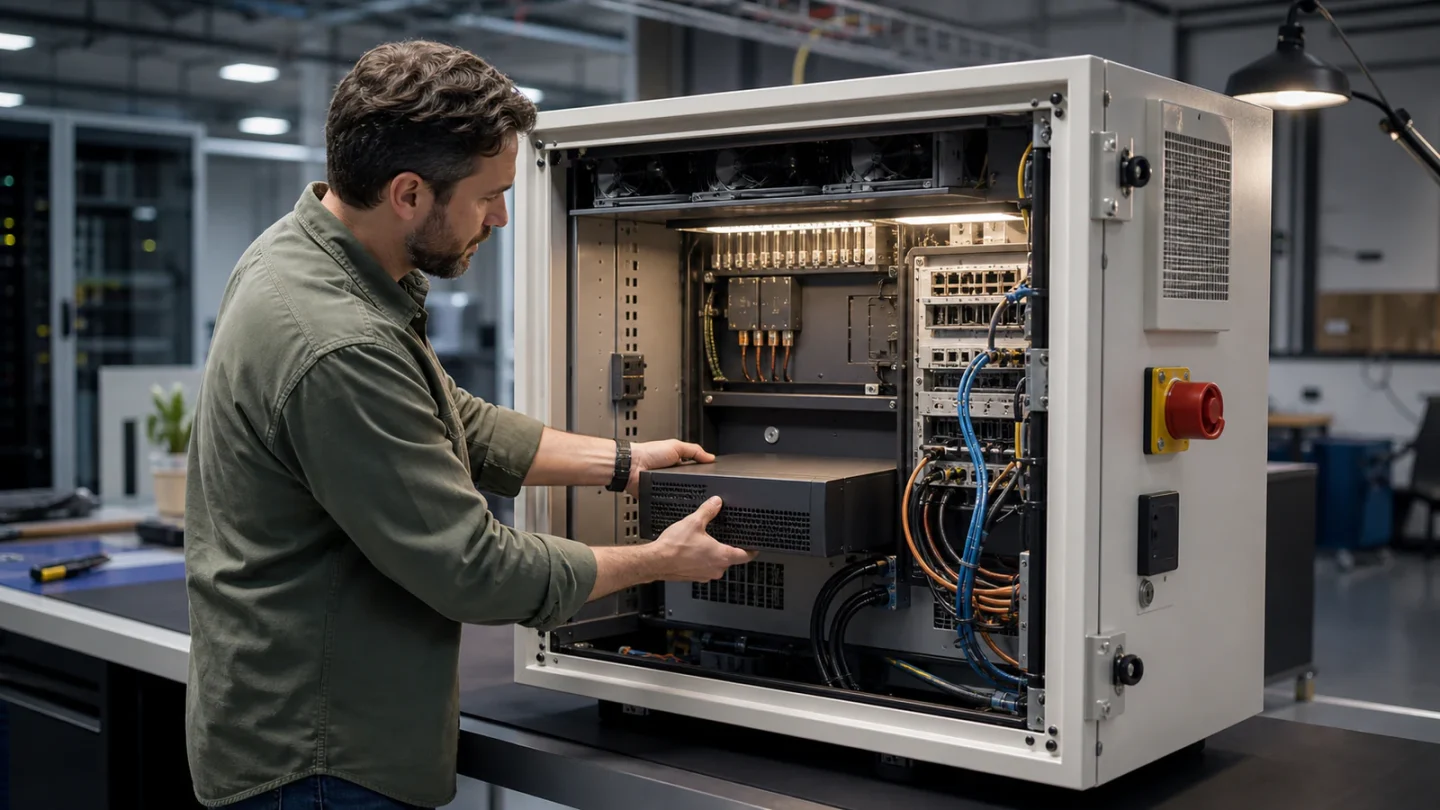An engineer installs a compact inference appliance inside a production enclosure with power, cooling, and networking.
