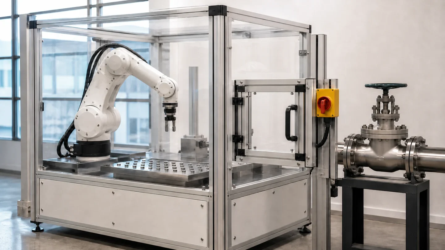 A robotic arm works inside an interlocked safety cell, separated from an industrial valve and emergency stop.