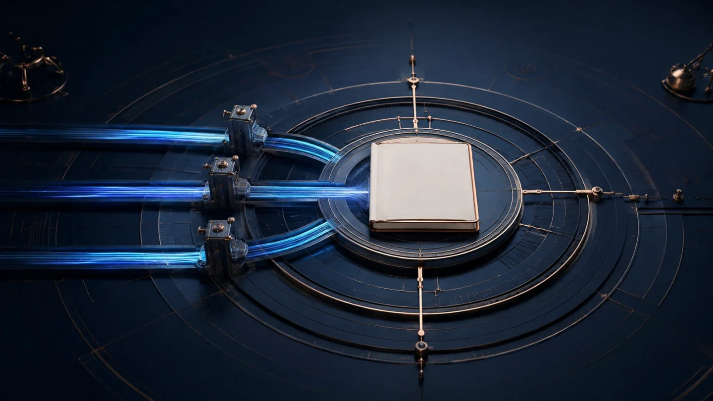A precision navigation instrument guides AI work paths through governed checkpoints to one completed business artifact.